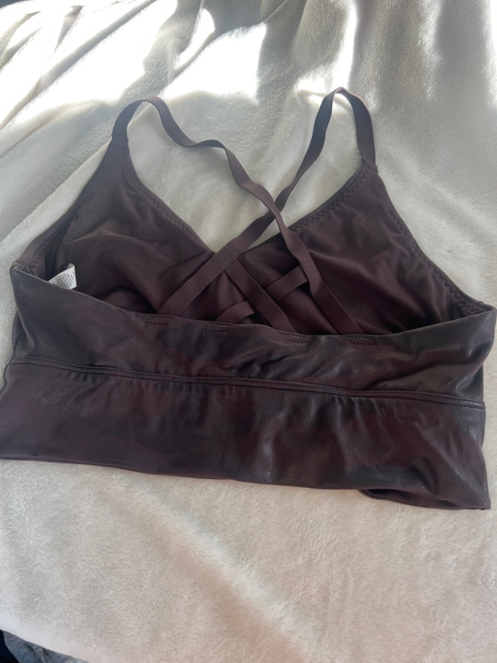 Offline by aerie Crisscross Strappy sports bra in Chocolate Brown army print